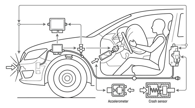 Schematic of car crash sensors and airbag safety systems.
