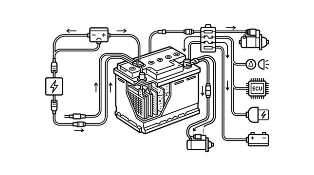 Simple automotive battery wiring and ECU connection diagram.