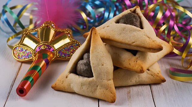 Traditional Hamantaschen Cookies with Festive Purim Decorations and Party Streamers on White Wooden Background