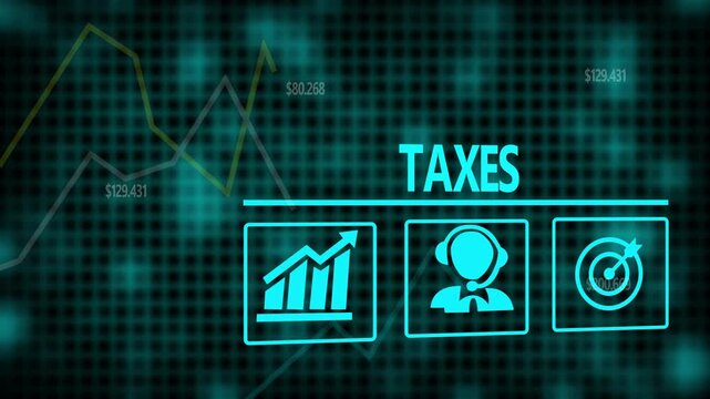 Taxes business concept on a flashing computer monitor with moving graphs and data.