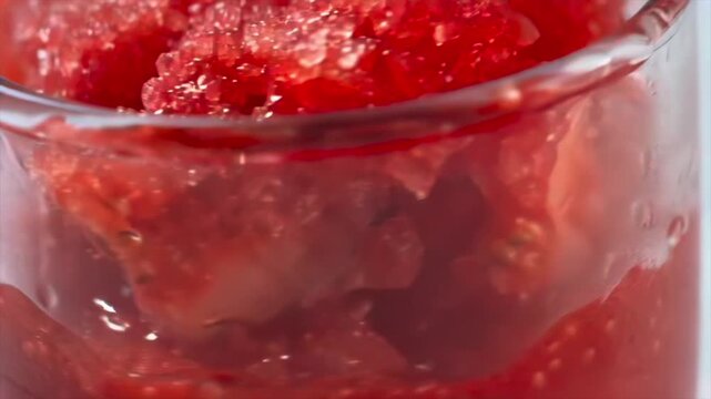 strawberry granita in glass cup, icy crushed texture with bright red color, refreshing frozen dessert made from berries, summer sweet treat, cold and fresh food concept