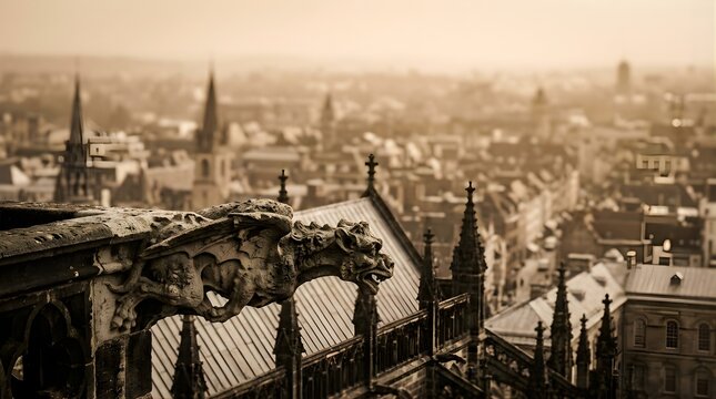 Gargoyle statue overlooking an old european city skyline at sunset