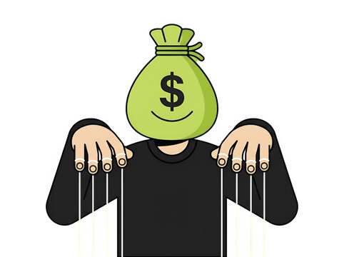 Puppeteer manipulates a money bag character with strings to illustrate the concept of greed and economic control.