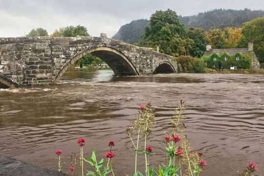 Pont Fawr (Big Bridge) and the historic 15th-century Tu Hwnt i'r Bont tearoom spanning the River Conwy, Llanrwst, Conwy Valley, North Wales, UK