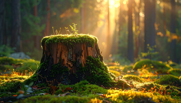 Stump with new growth in sunlight forest scene nature environment