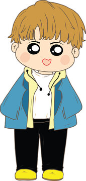 Adorable chibi boy character illustration wearing a stylish blue jacket and yellow hoodie