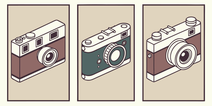 Three isometric retro film cameras illustration on panel display with photography isometric illustration equipment