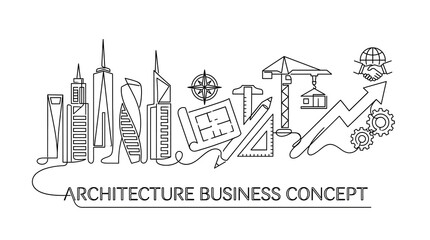 Naklejka premium Continuous Single Line Drawing of Modern City Skyscrapers and Architectural Engineering Planning Tools for Professional Construction Business Development Strategy