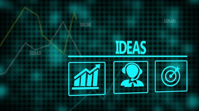 A Ideas business concept on a flashing computer monitor with moving graphs and data.