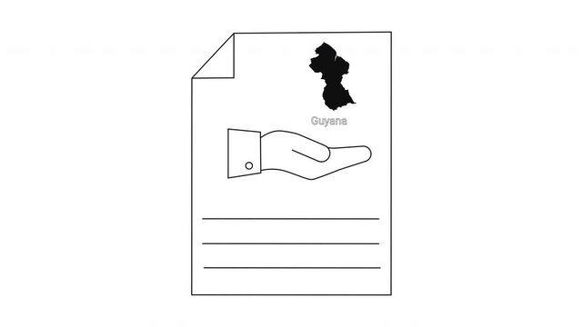 Guyana map and hand icon on document with lines for text.