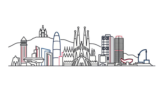 Barcelona Skyline Doodle Art - Famous Landmarks Outline Illustration