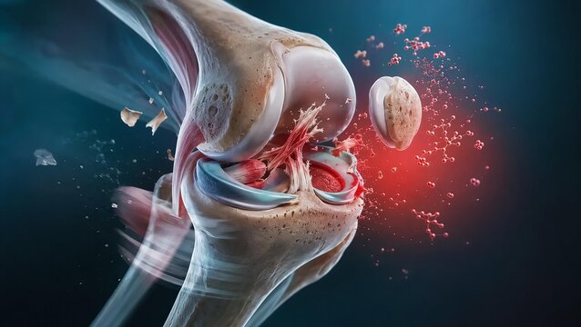 3D Render of Human Knee Joint Showing Bone Anatomy Injury Inflammation and Ligament Tear