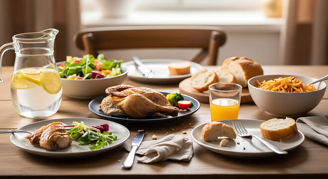 Roasted chicken dinner with salad and bread served on a wooden table during a sunny mealtime