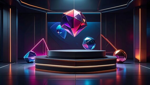 A futuristic stage with geometric shapes and neon lights (1)
