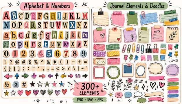 Hand drawn journal elements and doodles set, vintage alphabet and numbers collection, over 300 scrapbook stickers and stationery icons in vector format