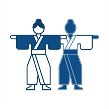 Stylized vector illustration of two figures wearing traditional Japanese kimono and hakama clothing.