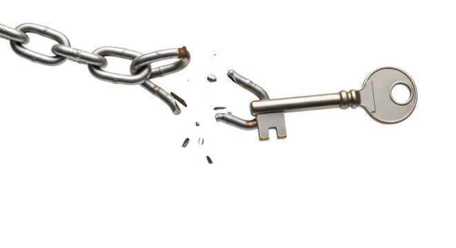 A broken chain and a key on a transparent background.