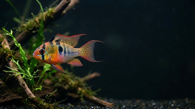 German blue ram cichlid swimming in a planted aquarium