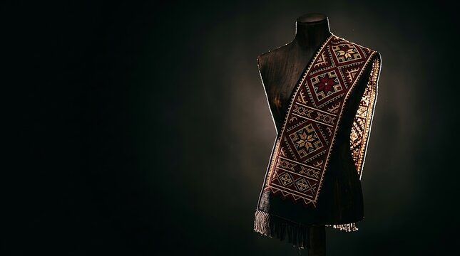 Elegant folk embroidery sash displayed on a dark bust mannequin