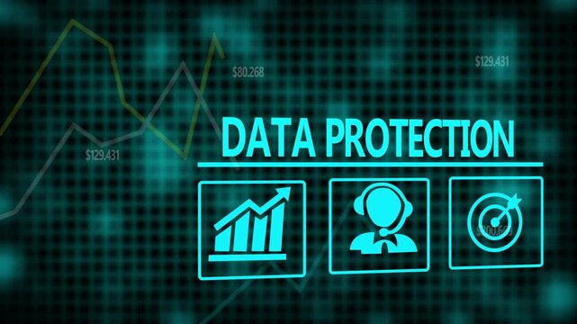 Data Protection business concept on a flashing computer monitor with moving graphs and data.
