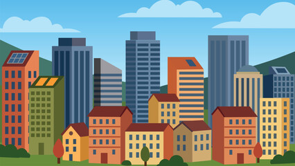 city skyline stylized flat vector city landscape with eco-friendly buildings and town buildings vector illustration © Dhananjaya