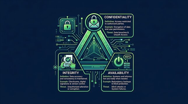 Cybersecurity cia triad infographic with glowing green circuit icons