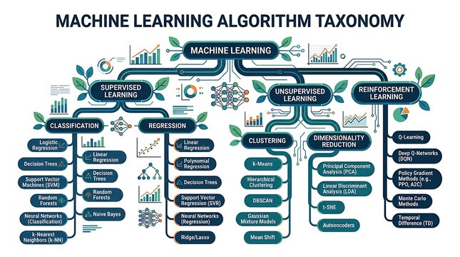 Machine learning algorithm taxonomy flowchart with main categories