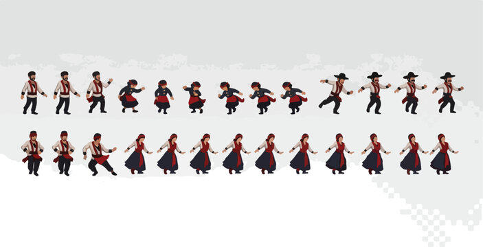 Traditional folk dance character sprite sheet, 2D game animation frames of dancers in ethnic costumes, flat vector people performing cultural choreography