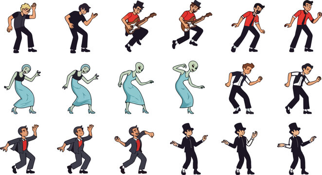 Retro cartoon character sprite sheet, 18 animated poses of dancers and musicians, vintage hand-drawn style vector collection for game design