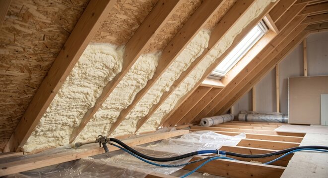 Spray foam insulation applied between roof rafters in an attic with exposed wooden beams and a skylight