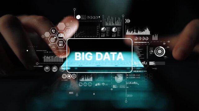 Data Analysis Concept with Hands on Keyboard and Big Data Graphics in Background for Technology and Business Themes. Asymptotic smart data analytic.