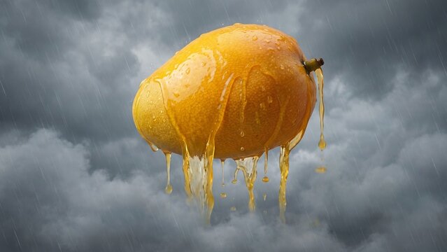 Giant Melting Mango Floating as a Cloud in the Sky