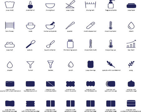 Various soap making tools and soap shapes icons on white background