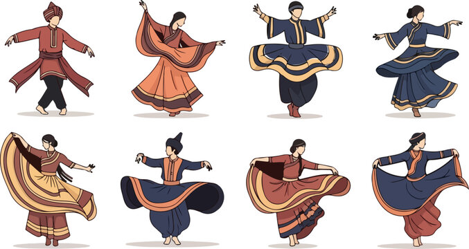 Traditional folk dancers in ethnic costumes, set of 8 cultural dance vector illustrations, people performing regional choreography in colorful attire