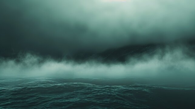 Atmospheric low mist hovering over dark, choppy water with a subtle light source above