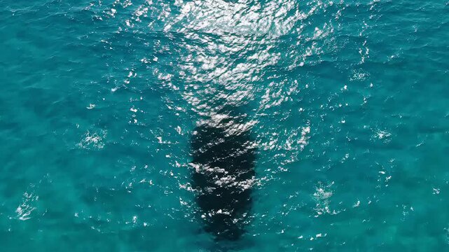 Aerial view of a mysterious shadow of a giant fish or a sea monster beneath the ocean surface with bright sunlight reflections creating a sense of deep mystery and wonder