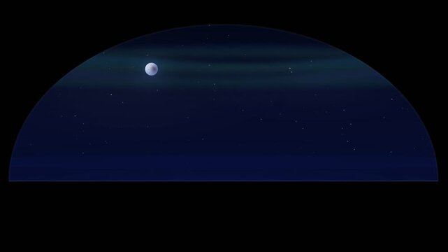 A flat style 2D vector animation showcasing a full day and night cycle inside a semi-circular celestial dome
