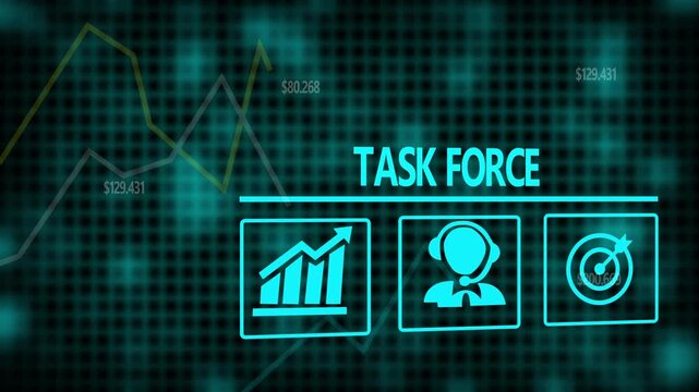 Task Force concept on a flashing computer monitor with moving graphs and data.