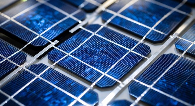 A close-up view of photovoltaic silicon solar cells arranged in a grid pattern on a flat surface