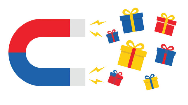 A horseshoe magnet attracts colorful gift boxes with yellow energy sparks