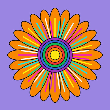 Psychedelic flower illustration, vibrant retro 60s 70s style, colorful petals, geometric center