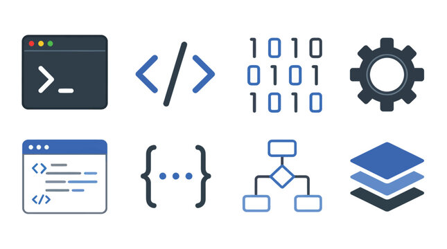 Collection of abstract digital technology and programming icons