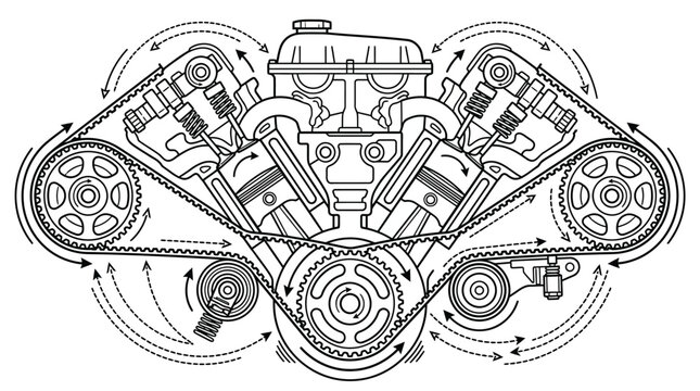 V-engine internal mechanical cross-section diagram