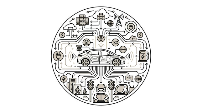 Smart city connectivity and autonomous car circular infographic.