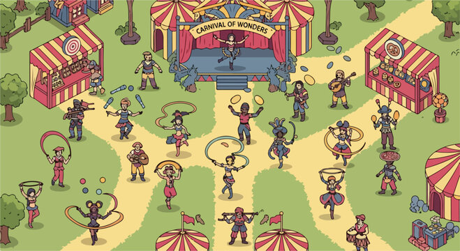 Vintage carnival of wonders vector illustration, retro circus performers and fairground tents, isometric festival scene with jugglers and dancers