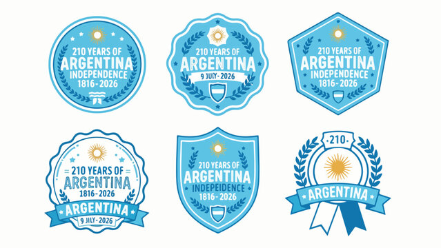 Argentina Independence Day badges, 210 years anniversary celebration labels, light blue and white patriotic vector set for national holiday events