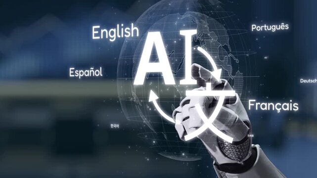 A robotic hand interacts with floating text in multiple languages, symbolizing the role of artificial intelligence in bridging communication in a high-tech environment. Synapse