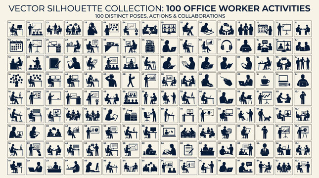 Office worker silhouettes showing various business activities
