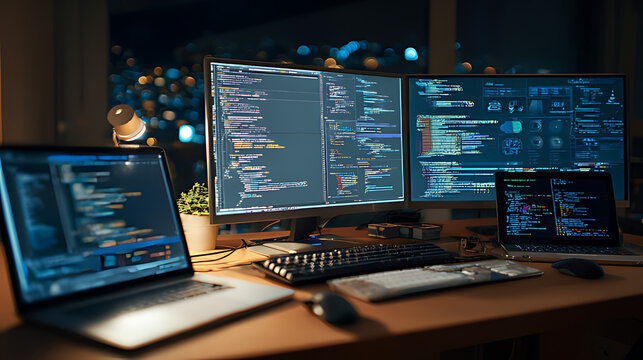 Close up of computer monitors displaying source code in a modern workstation with laptop and digital devices, showing software development workflow, programming process, and technical productivity in
