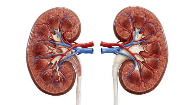 Detailed illustration of human kidneys with blood vessels and ureters on white background